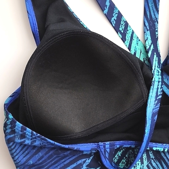 Speedo One Piece Swimsuit Abstract Foliage Turquoise Blue Cross Straps Sz 16 - Picture 5 of 12